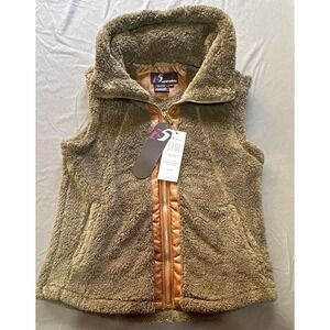 i5 Apparel Brown Fleece Vest XL Full Zip, Hidden Hood, Pockets, Unisex